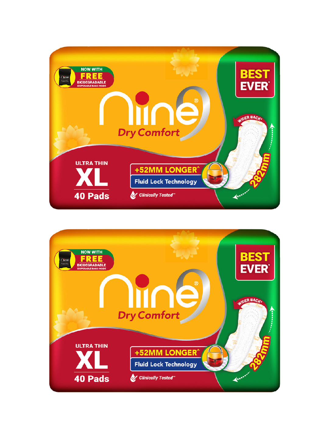 Niine Dry Comfort Set of 2 UltraThin XL Anti-Leak Pads With Disposable Bags 80 Pads