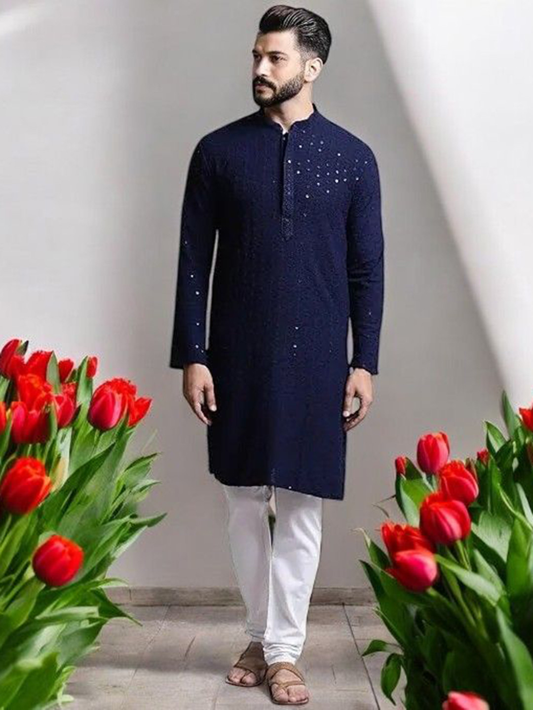 Atly Men Embroidered Regular Sequinned Kurta with Pyjamas