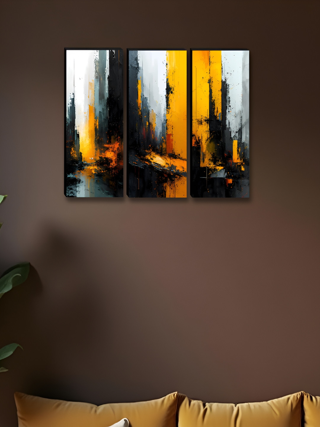 Aura Black & Yellow 3 Pieces Abstract Wall Paintings