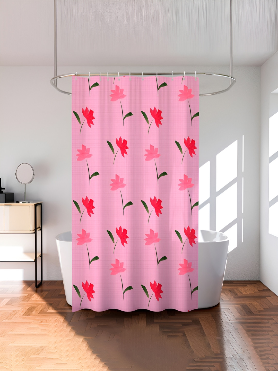 Aura Pink & Green Floral Printed Curtain With 8 Rings