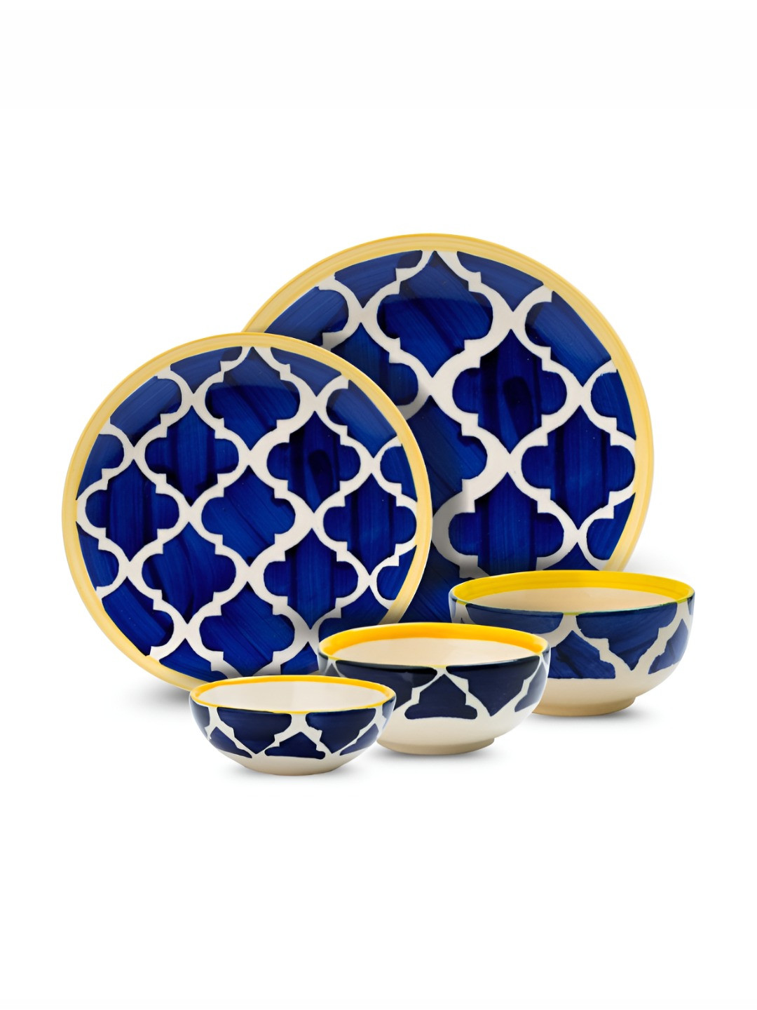 YELONA Eco-Friendly Navy Blue Geometric Ceramic Dishwasher and Microwave Safe 5 Piece Dinner Set