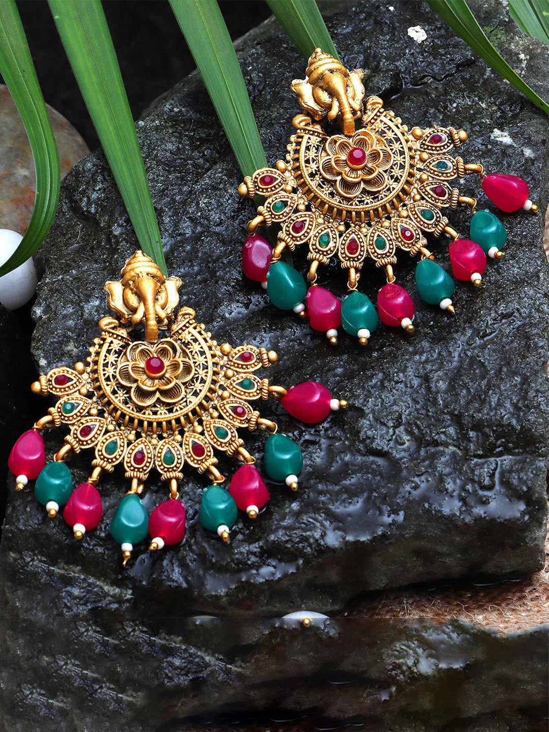 JYONA Gold-Plated Artificial Stones Studded & Beaded Lord Ganesha Drop Earrings