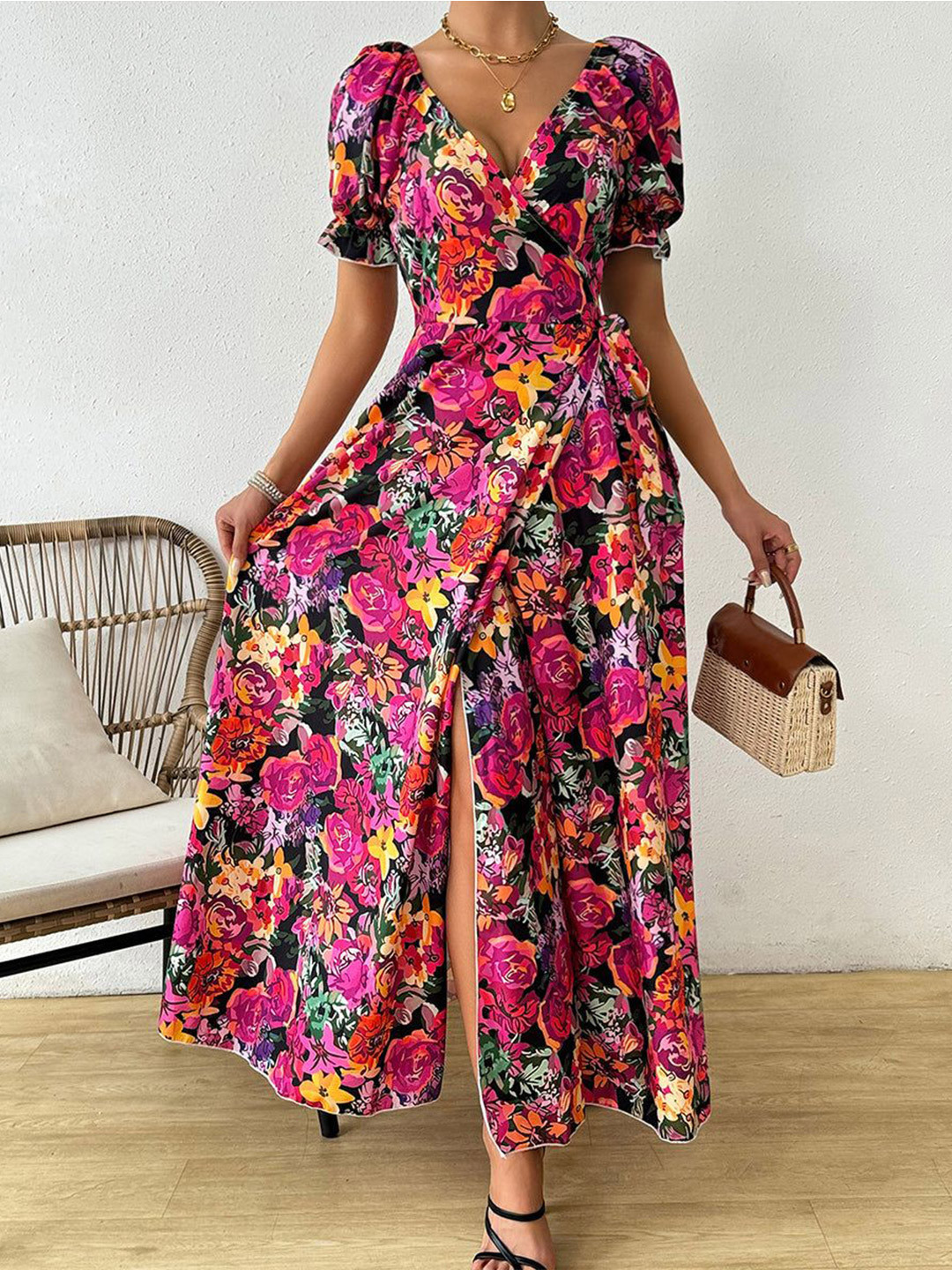 Outzidr Pink Side Slit Puff Sleeve Maxi Dress
