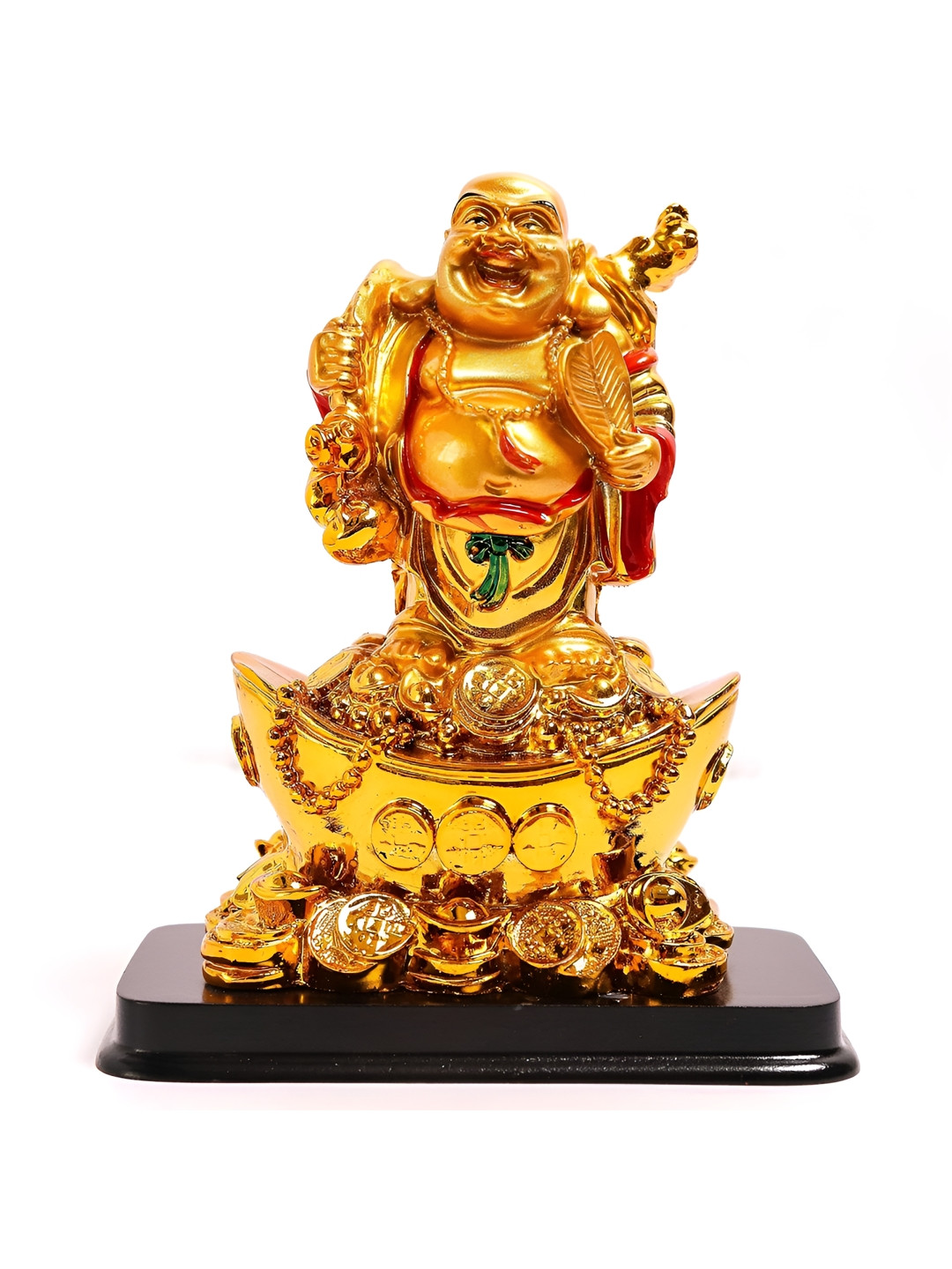 The Spiritual Living Laughing Buddha with Fan and Wu Lou and Coins Gold Polyresin Glossy Living Room Medium Showpiece - 6.5 Inches