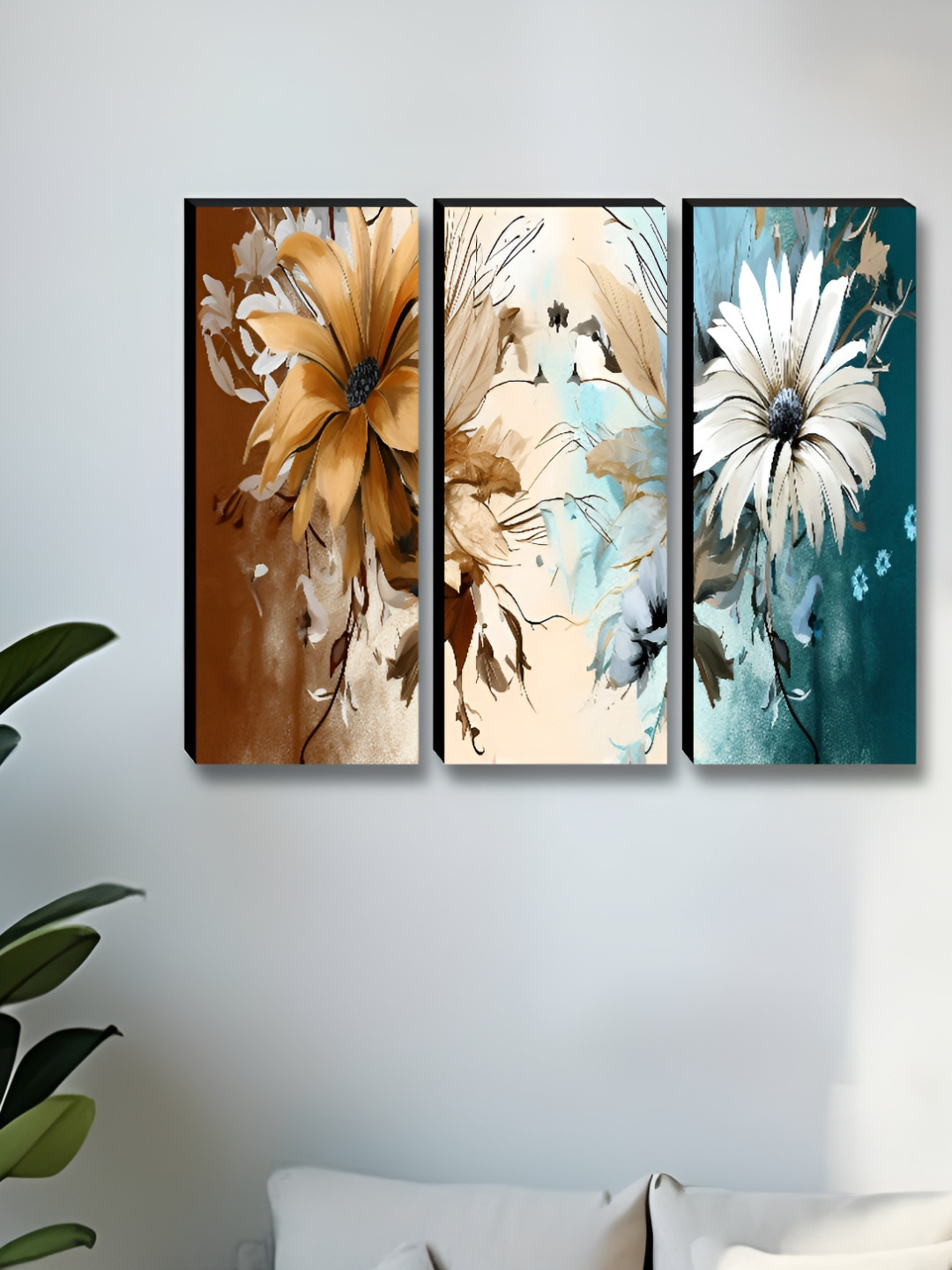 Aura Flower Wood 3 Piece Wall Rectangle Paintings Wall Art -15 x 6 In
