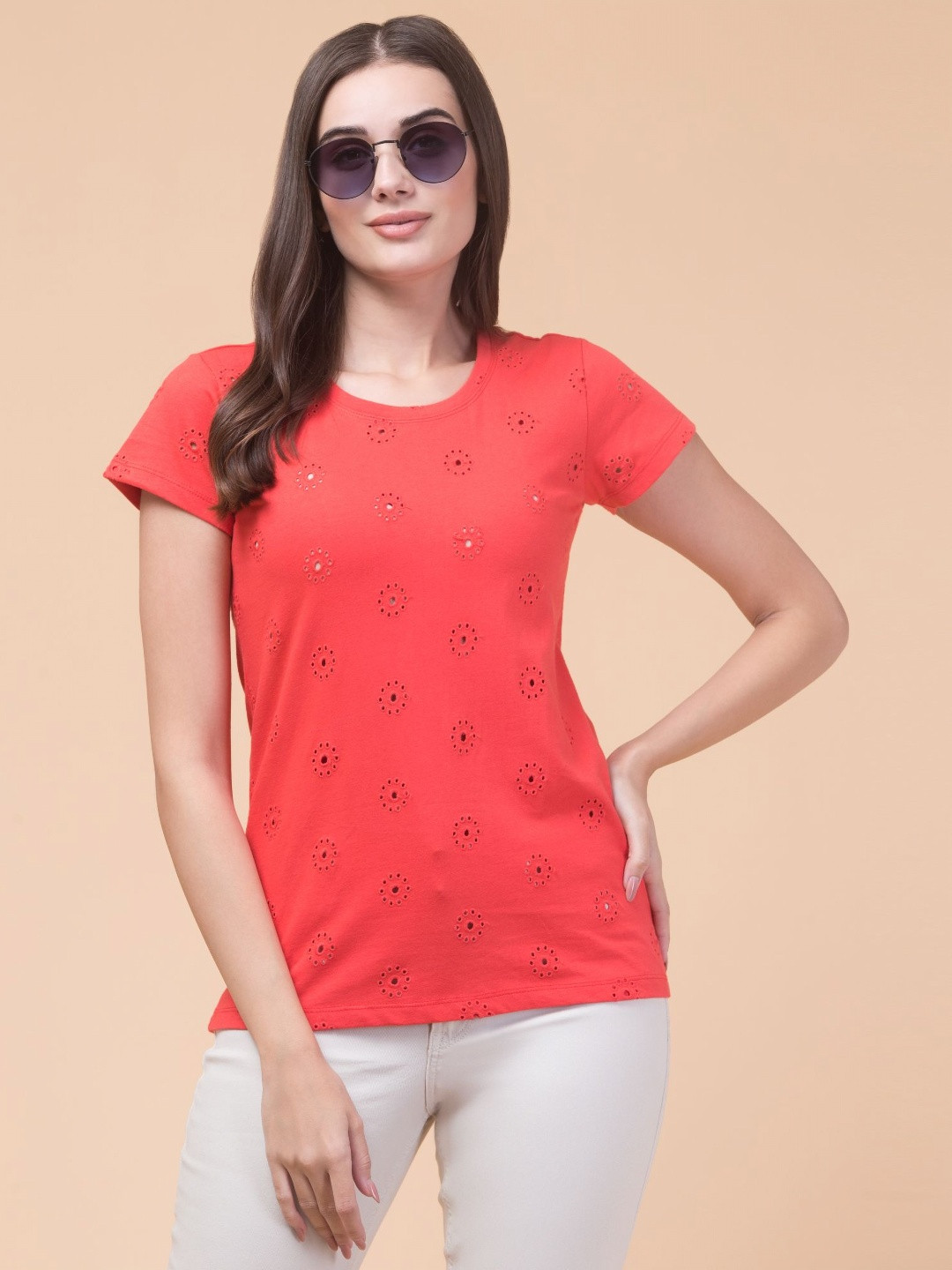 INUKA Women Self Design Round Neck Cotton T-shirt