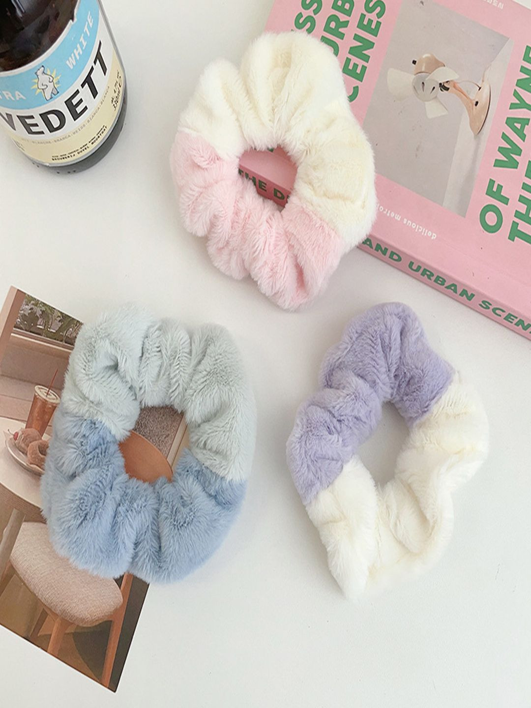 LYKAA Set of 3 Assorted Fur Double Colour Hair Scrunchies