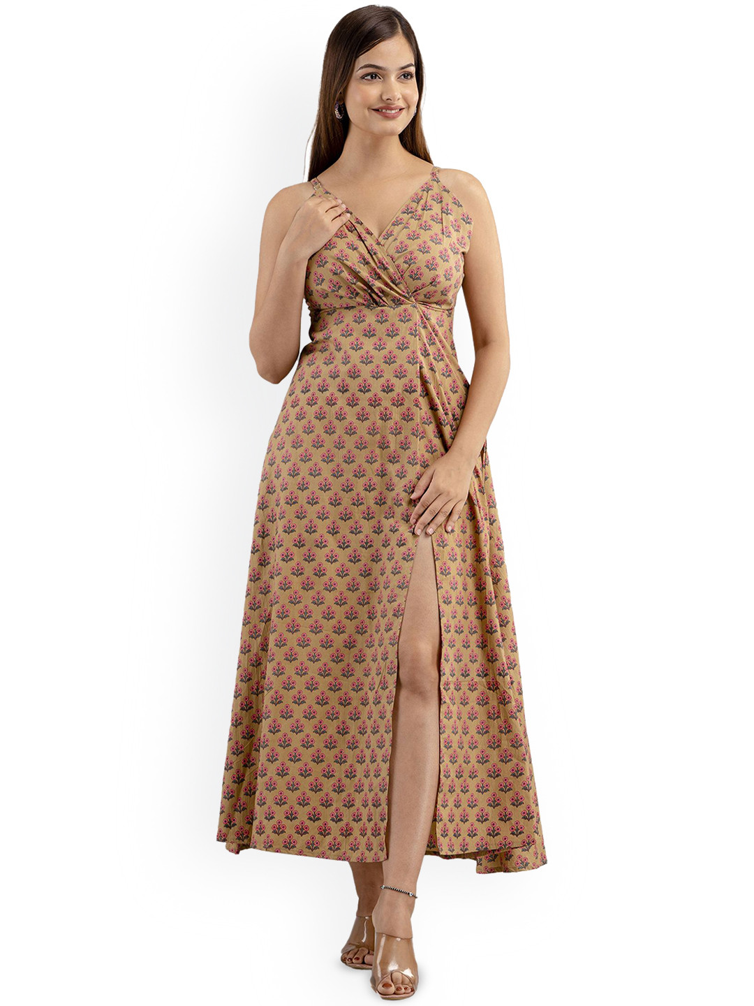 DMP FASHION Floral Printed Cotton V-Neck A-Line Dresses