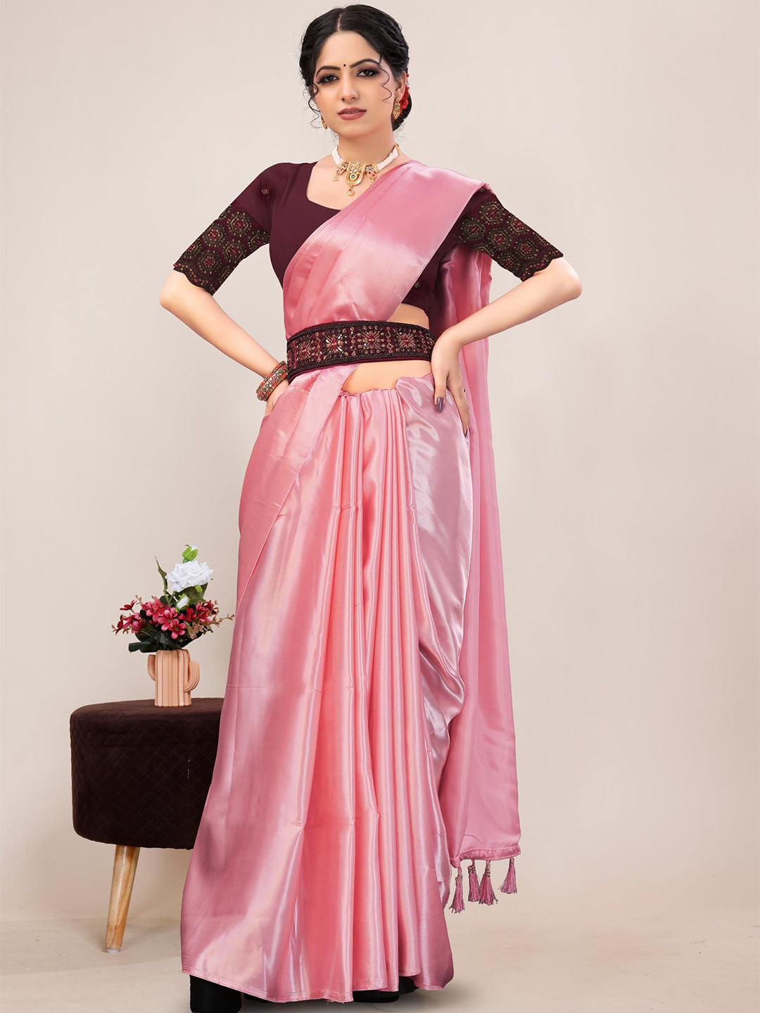 Kandora Satin Belted Sarees with Blouse Piece