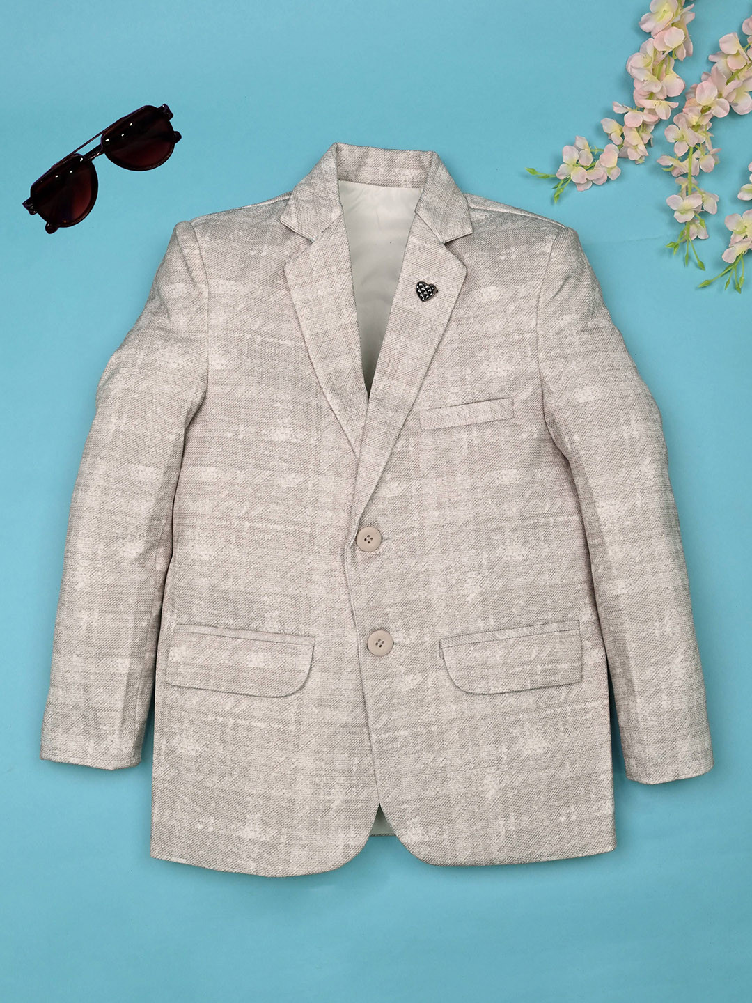 BT DEZINES Boys Printed Notched Lapel Single Full Sleeves Breasted Crosshatch Blazer