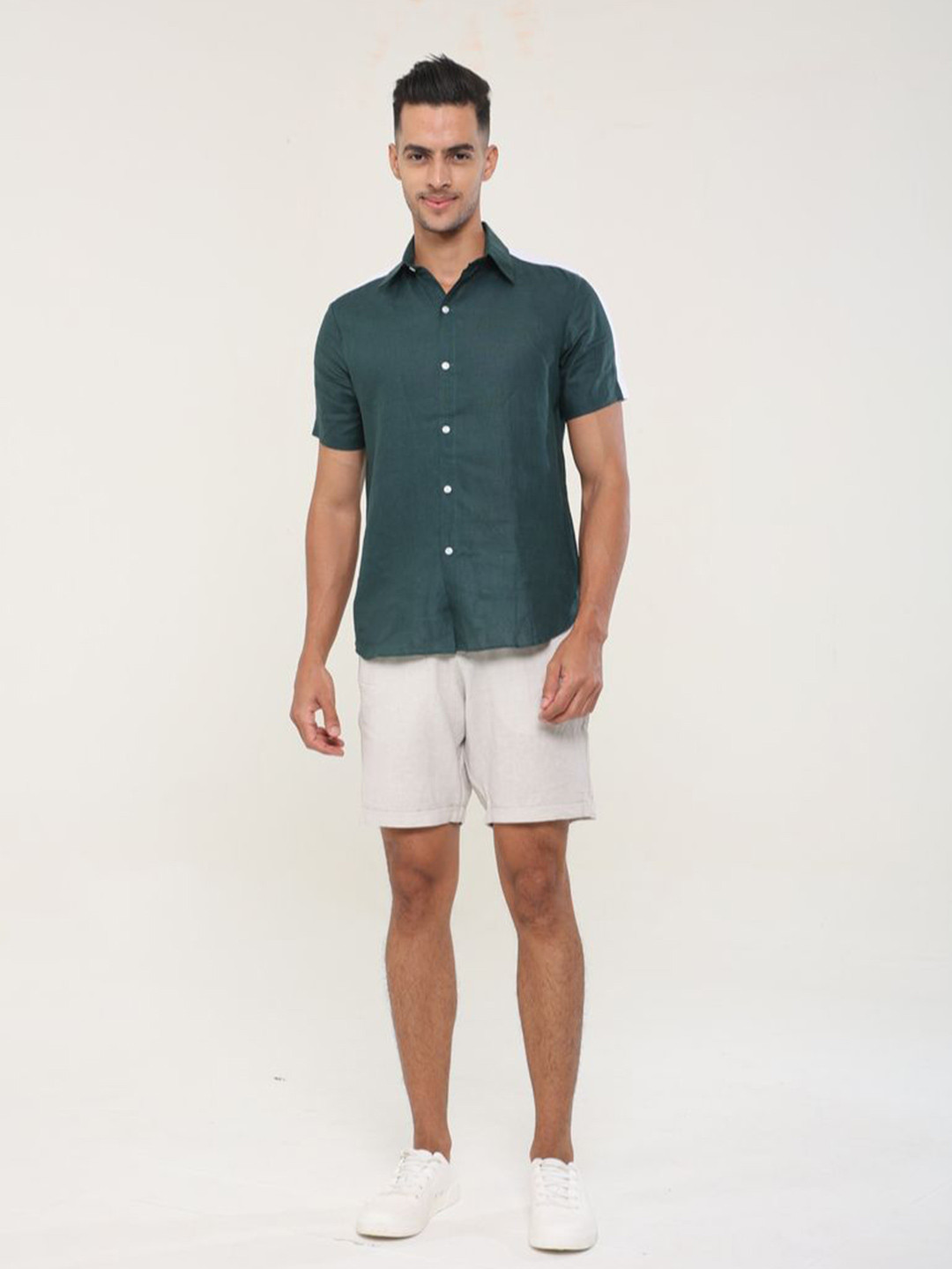 Style Matters Men Standard Fit Solid Spread Collar Linen Casual Shirt