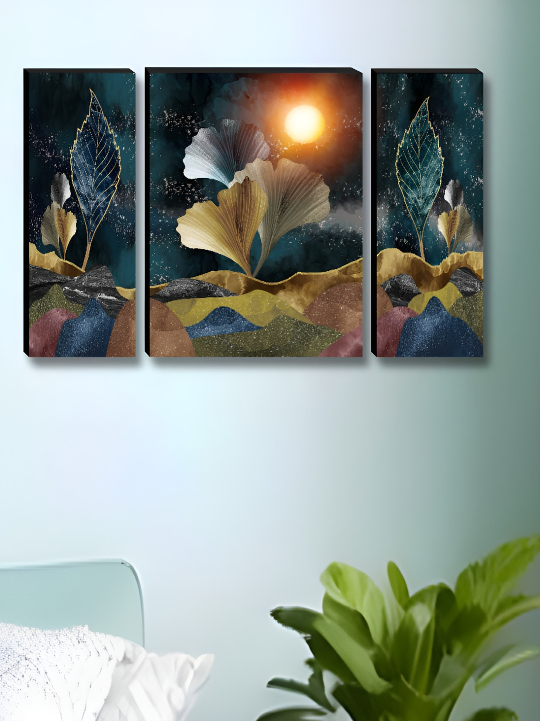 SAF Leaf & Moon Wood 3 Pcs Wall Rectangle Paintings Wall Art -30x12In