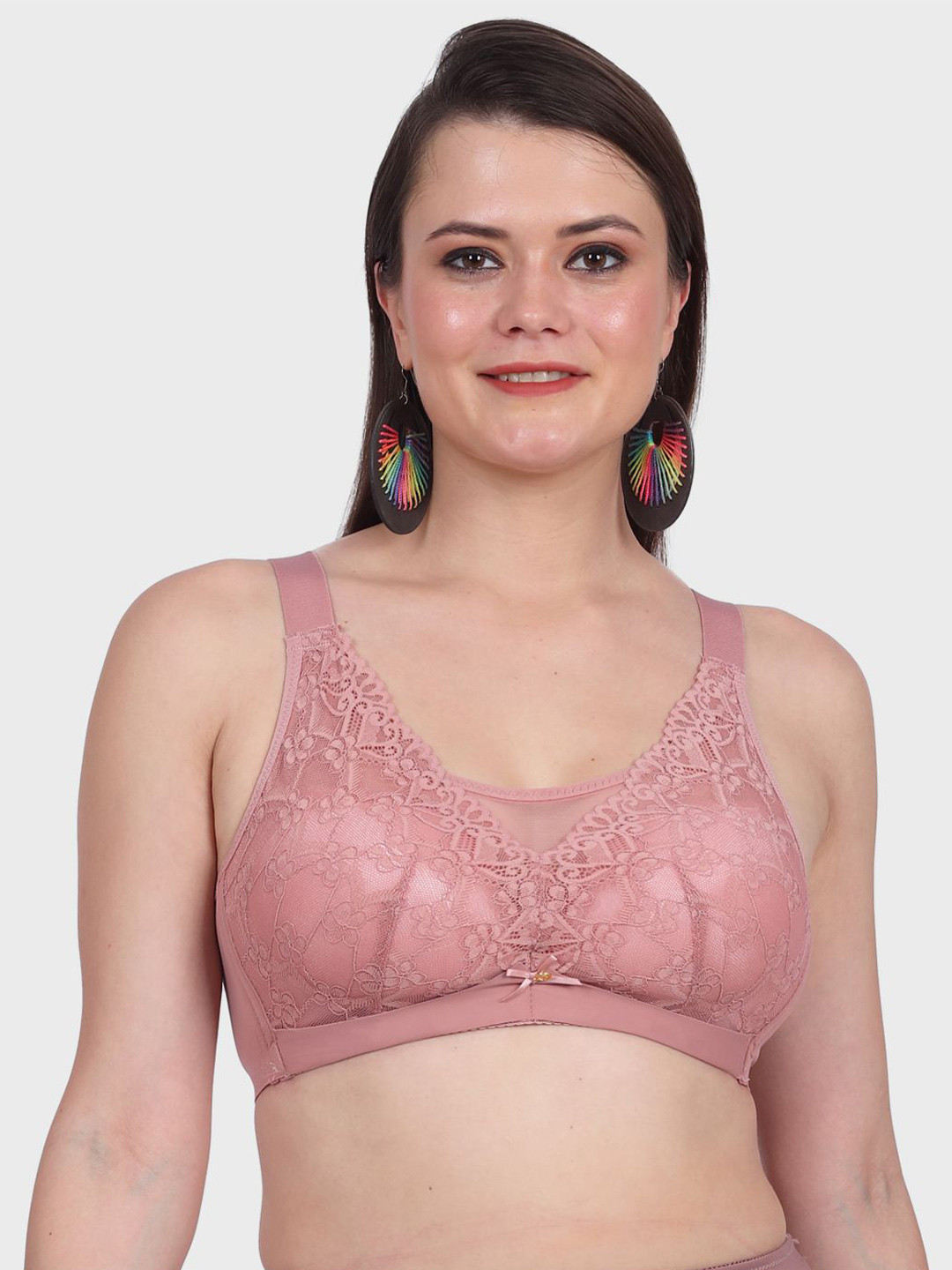 Luella Floral Pattern Lace Embellished Bra Wire Free Soft Foam Padded Wide Adjustable Straps Bra