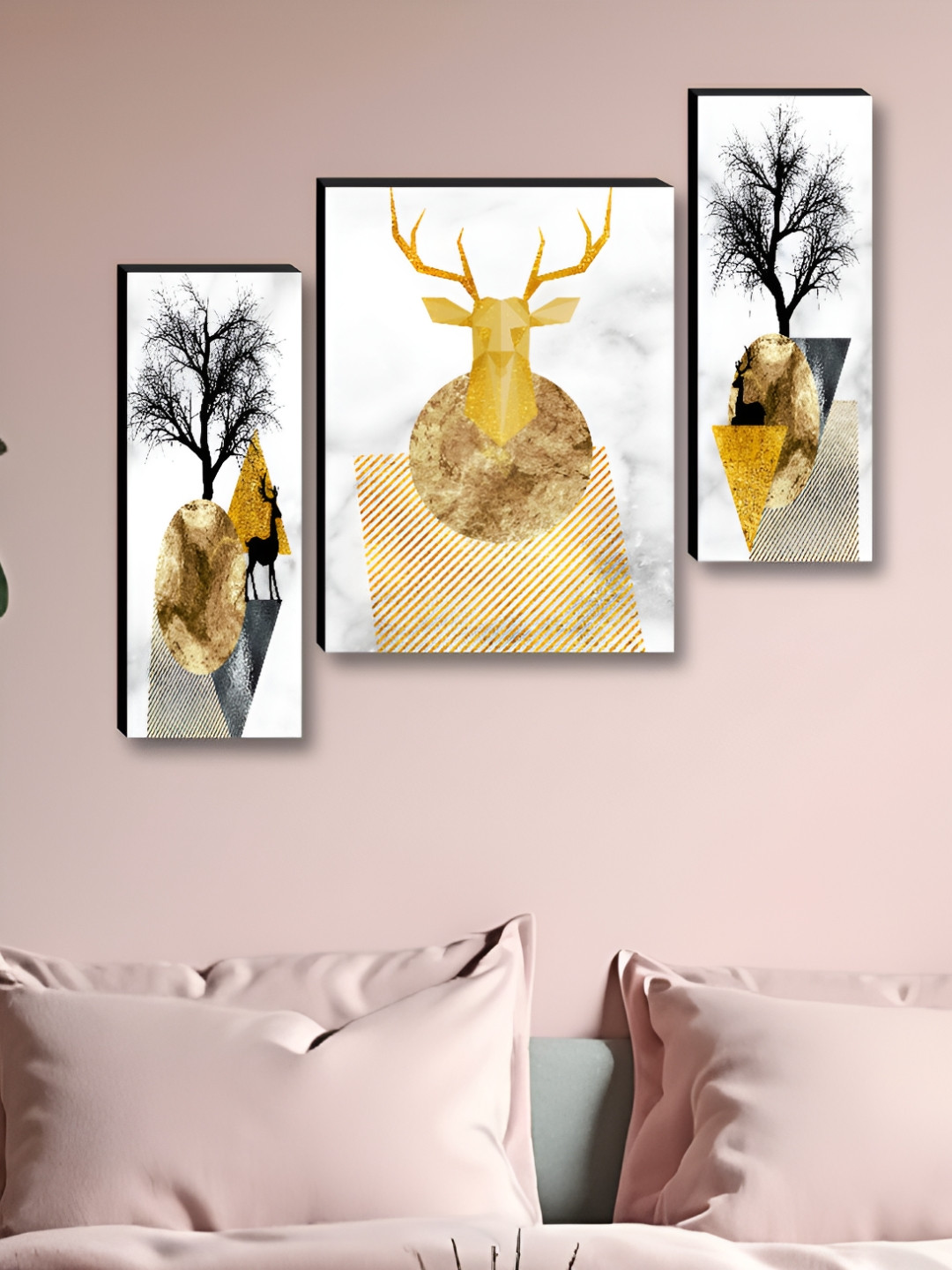 Aura White & Black 3 Pieces Deer & Trees Birds & Animals Printed Wooden Wall Art