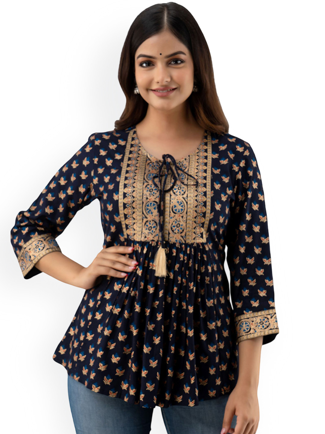 DMP FASHION Floral Printed Tie-Up Neck A-Line Kurtis