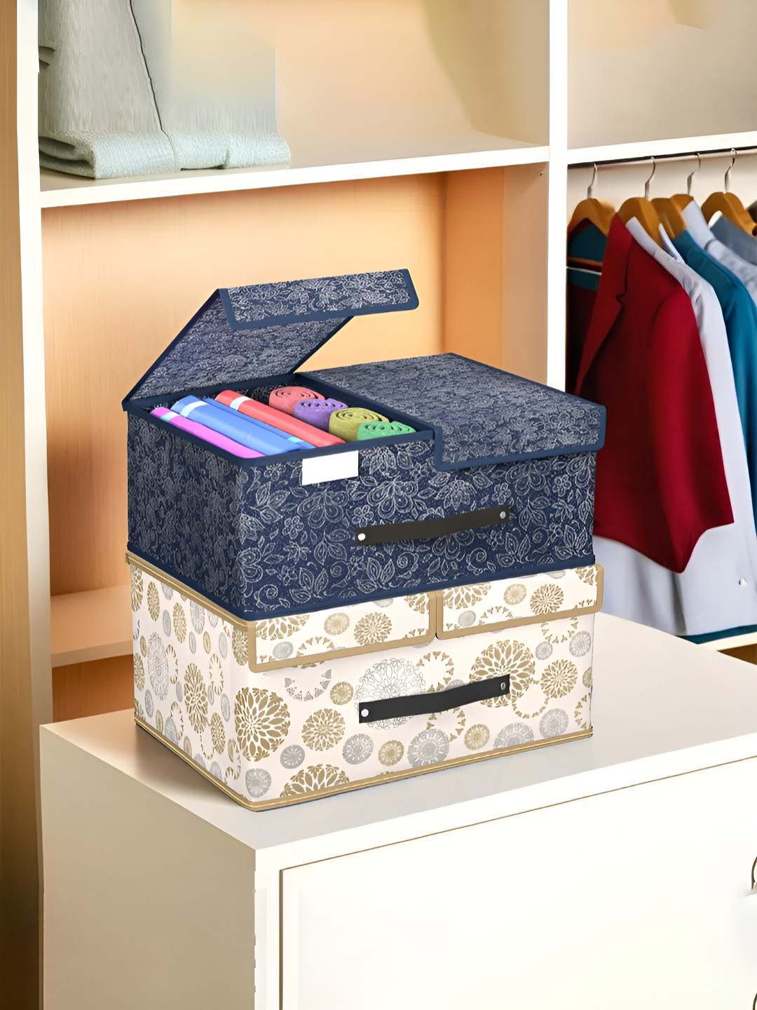 Aura White 2 Pcs Cloth Organisers for Wardrobe Small Foldable Storage Box with Double Lid