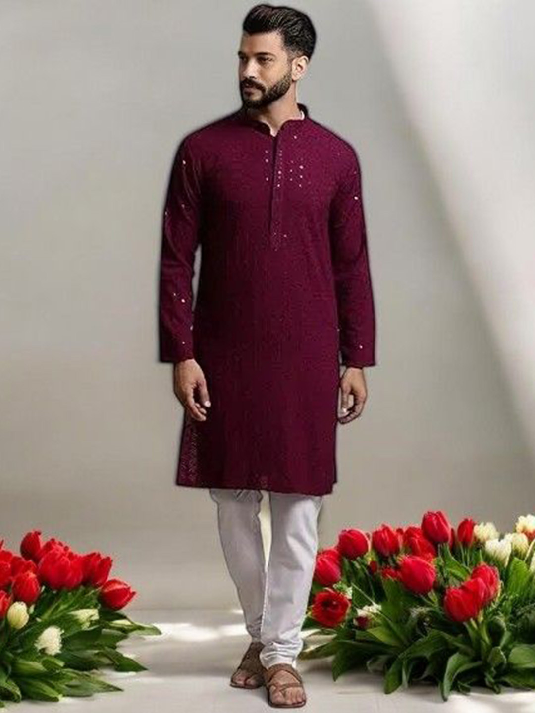 Atly Men Embroidered Regular Sequinned Kurta with Pyjamas