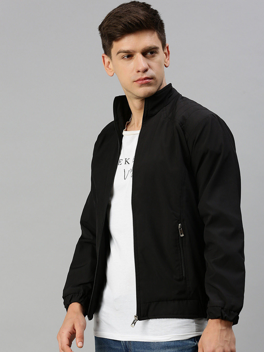 Kaali Peeli Men Stand Collar Solid Casual Windcheater Bomber Jacket