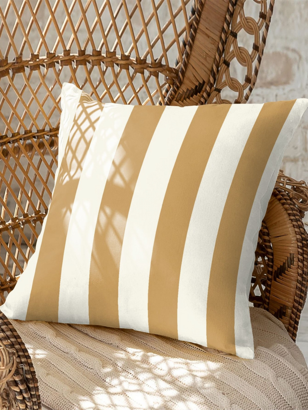 CASABLEU Premium Spring Brown and White 2 Pieces Striped Square Cushion Covers