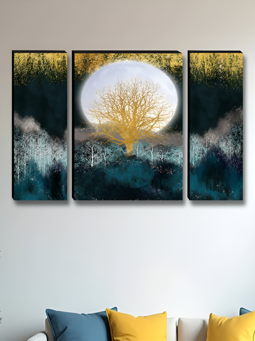 SAF White & Black 3 Pieces Tree & Moon Printed Wooden Wall Art