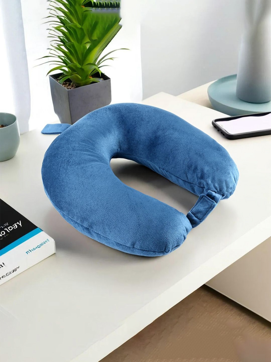 Aura Blue Solid Faux Velvet Firm Memory Foam Travel Pillow-28 x 11 x 30 cm