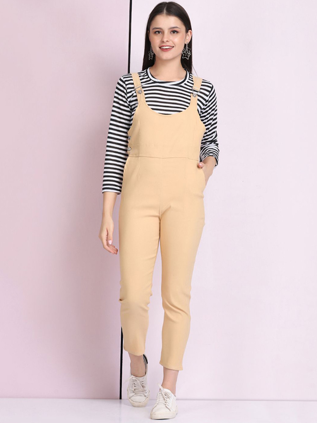 BuyNew Women Striped Dungaree Dress with Top