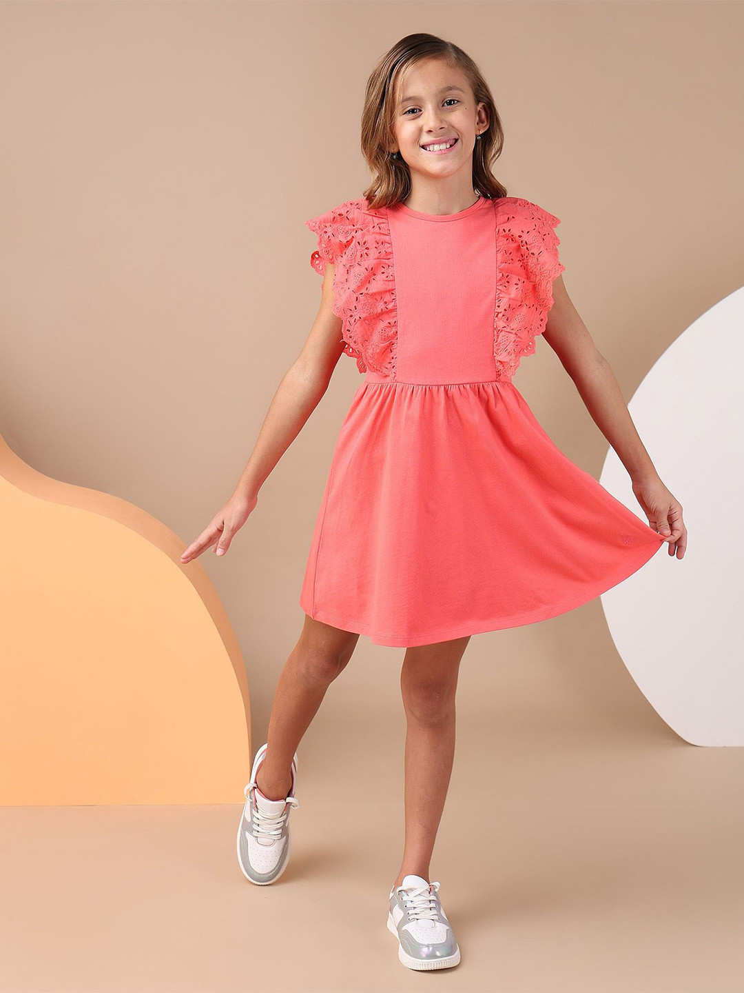 U.S. Polo Assn. Kids Girls Flutter Sleeves Schiffli Above Knee Fit & Flare Dress