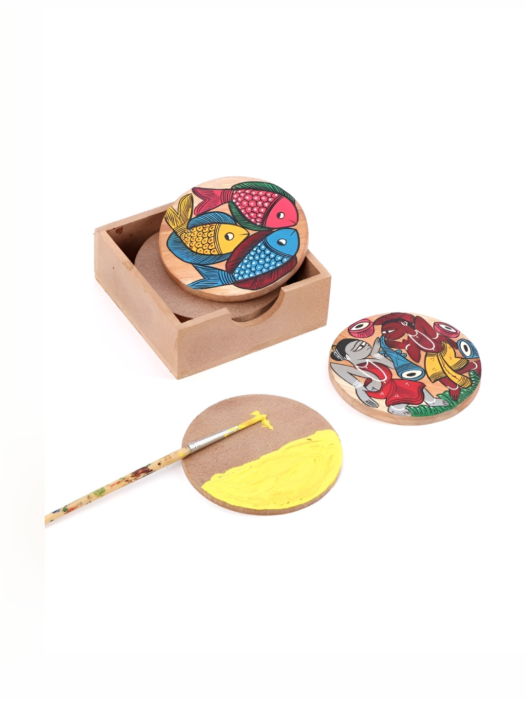 DULI 6-Pcs Yellow & Blue Printed Round Dining Table Coasters