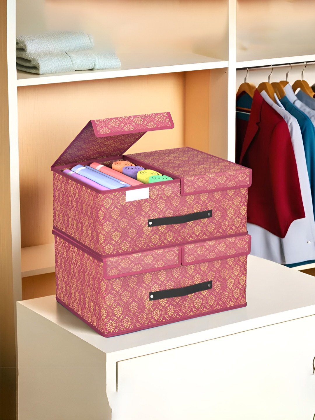 Aura Maroon 2 Pcs Cloth Organisers for Wardrobe Small Foldable Storage Box with Double Lid