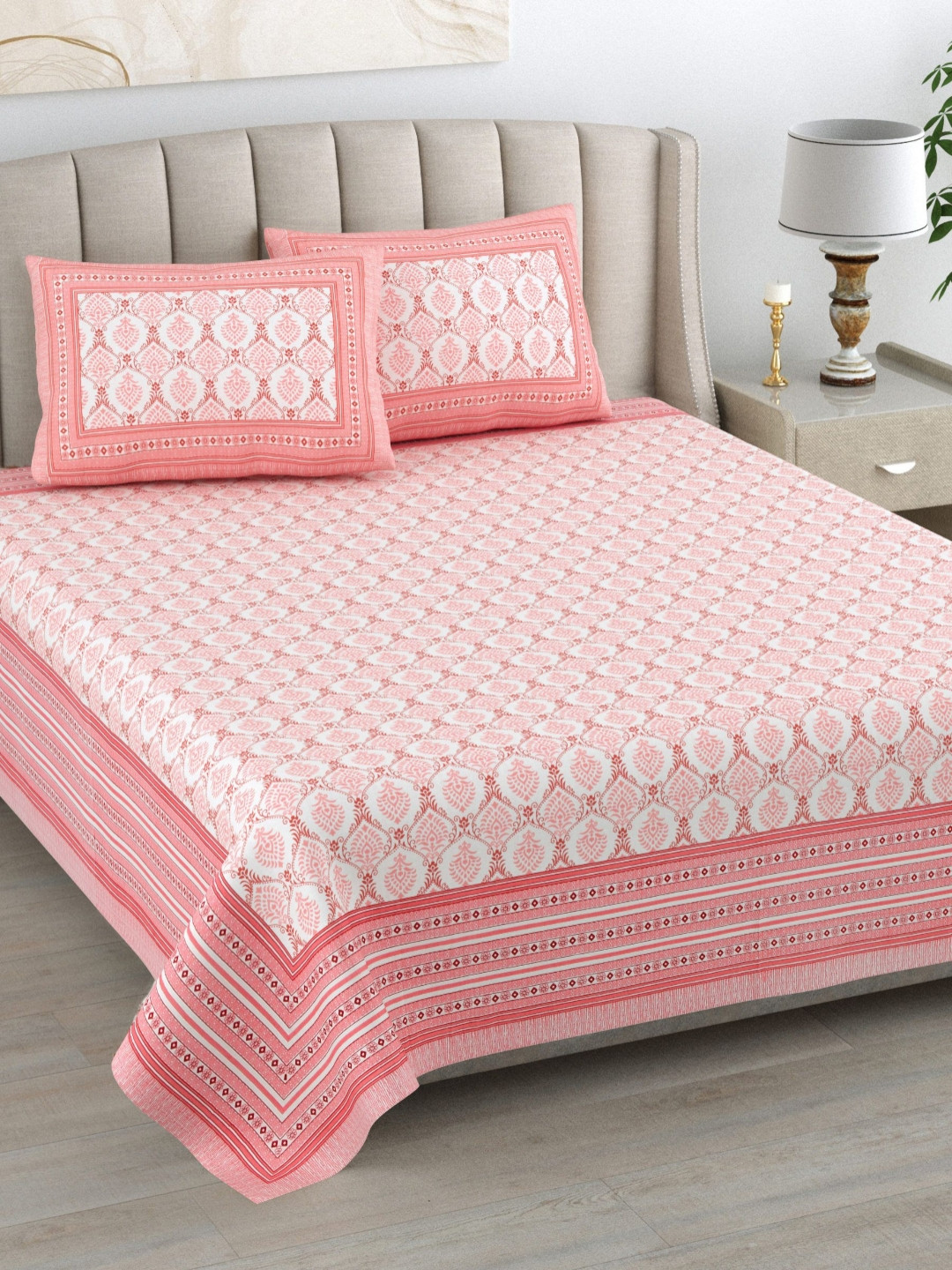 Urban Jaipur Eleg_Prismpink White Ethnic Motifs Cotton 186 TC Queen Fine Bedsheet with 2 Pillow Covers-108 x 90 inches
