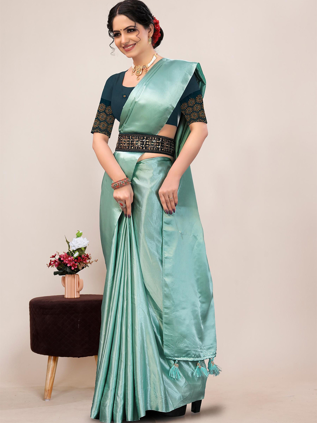 Kandora Satin Belted Saree with Blouse Piece