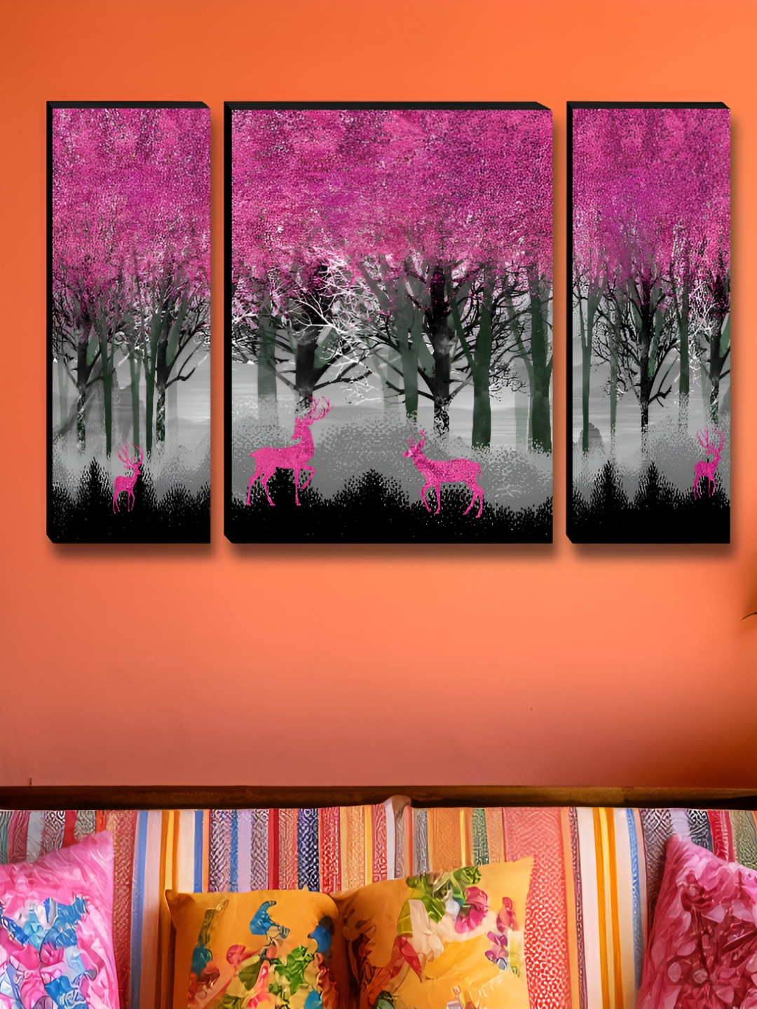 SAF Pink & Black 3 Pieces Tree Floral And Botanical Wooden Wall Art