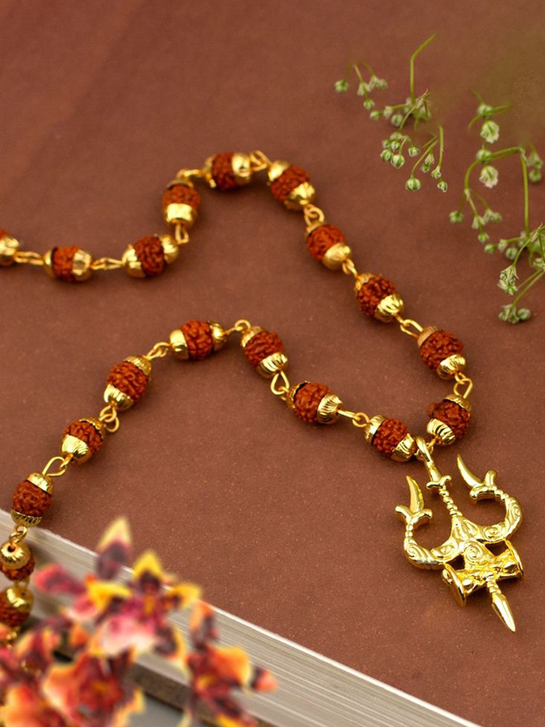 SANAA CREATIONS Unisex Gold-Plated Rudraksh Beaded Om Pendant With Chain