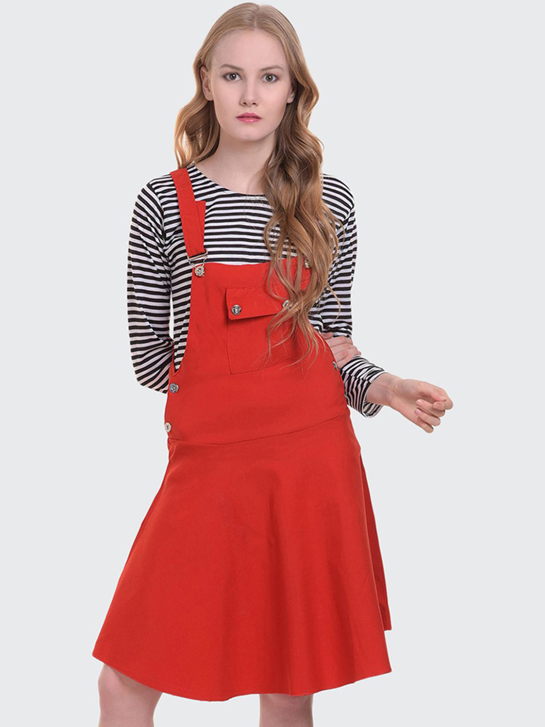 BUY NEW TREND Women Dungaree Dress with Striped Top