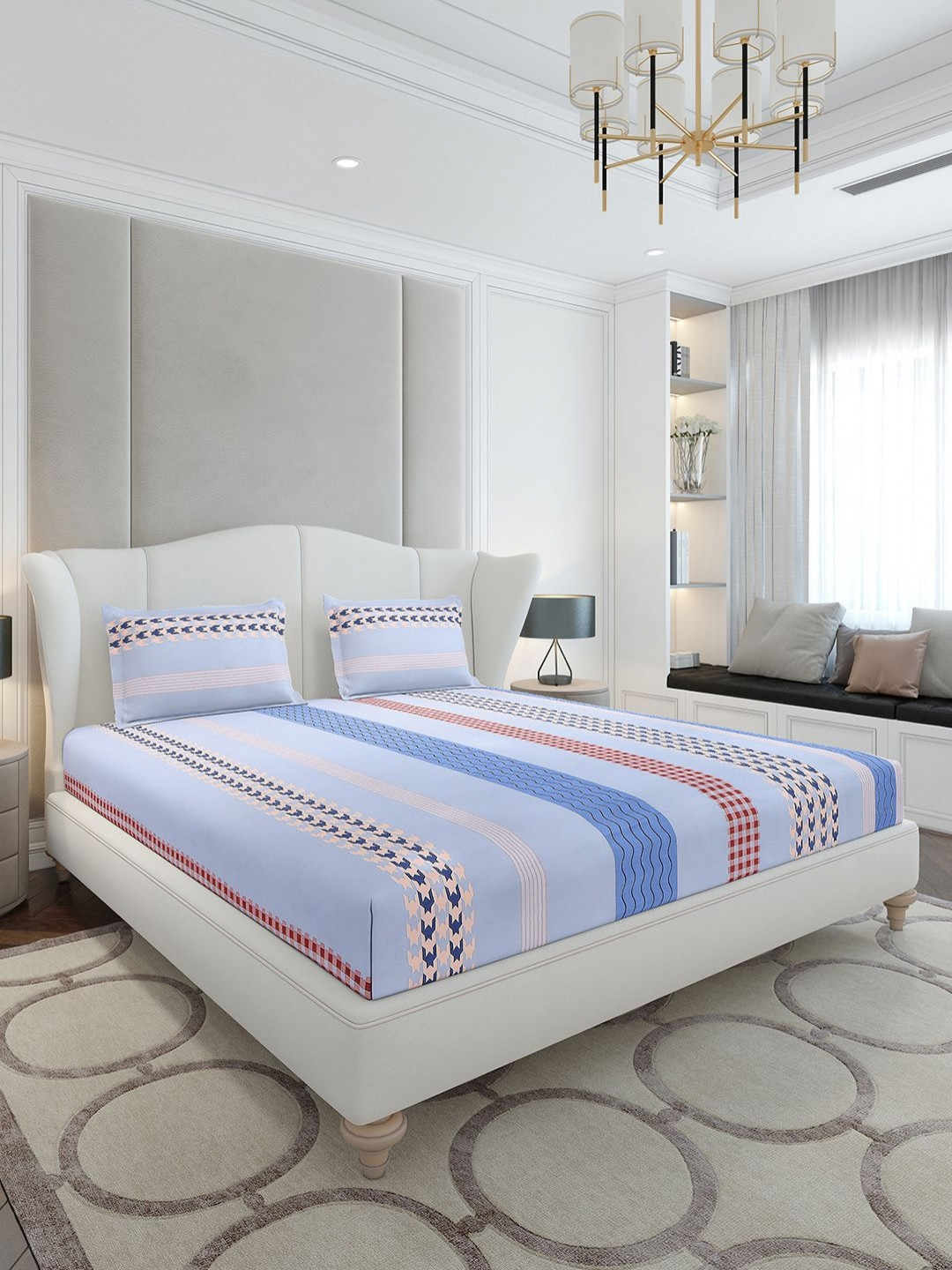 Monte Carlo Blue Geometric Polyester 120 TC Queen Bedsheet with 2 Pillow Covers-91 x 98 inches