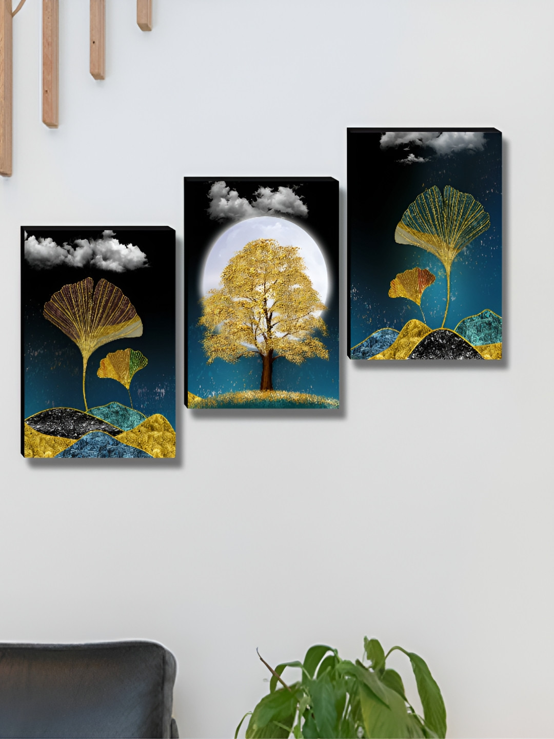 SAF Teal & Gold-Toned 3 Pieces Floral And Botanical Printed Wooden Wall Art