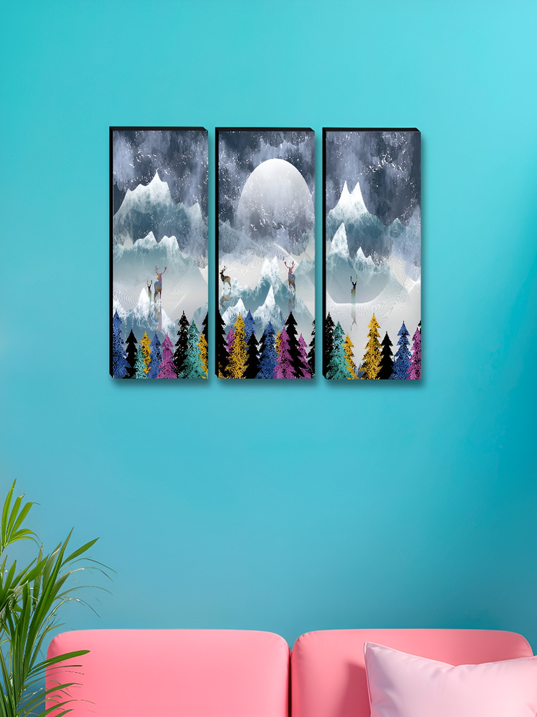 Aura Blue & White 3 Pieces Moon Wall Paintings