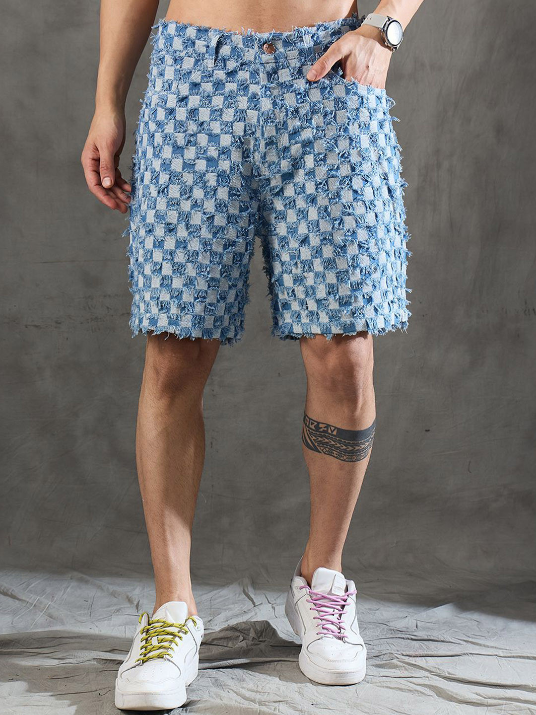 FUGAZEE Men Checked Denim Shorts