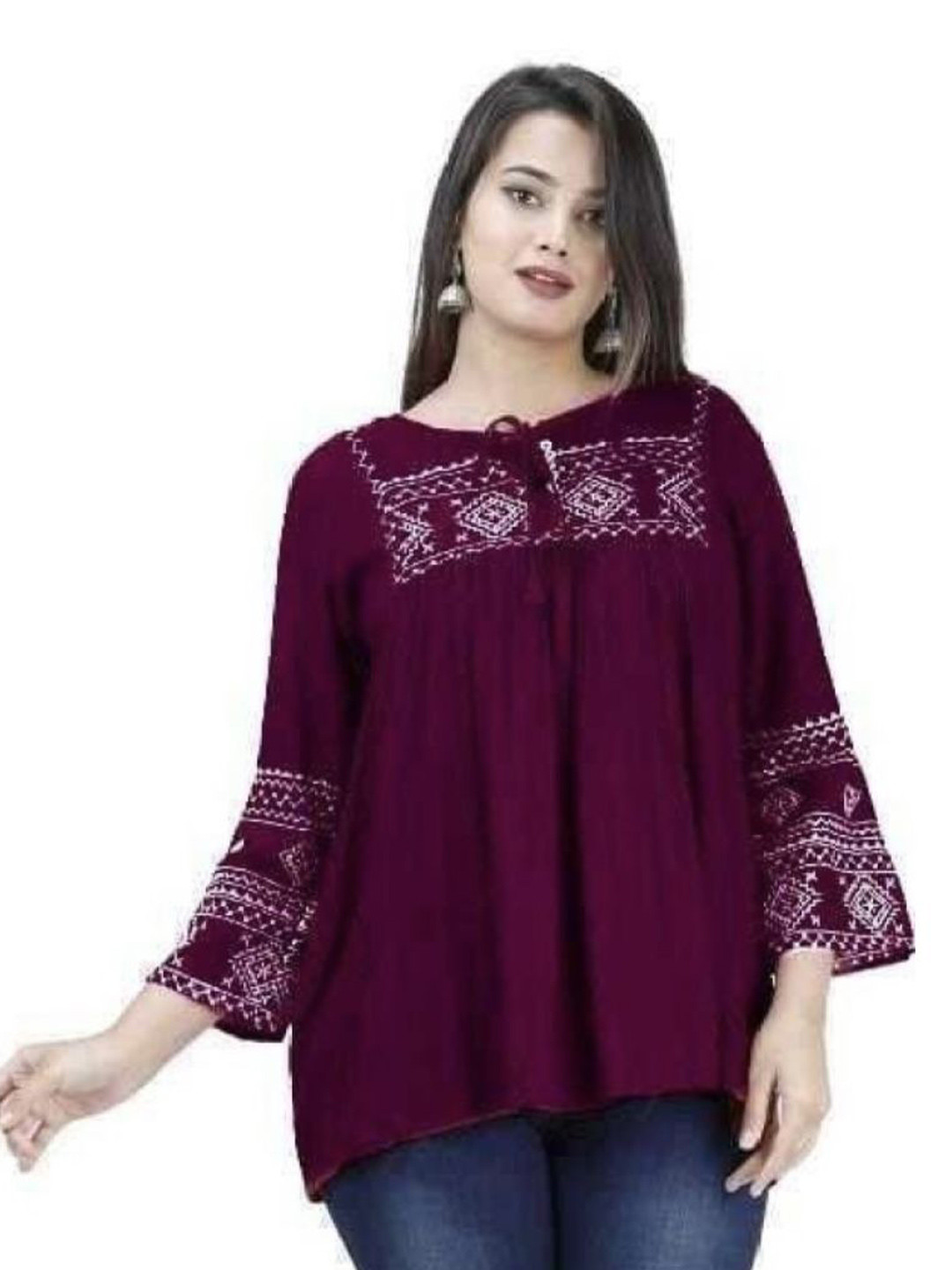 HEBA Women & Girls Rayon Short Length Round Neck Embroidered Top