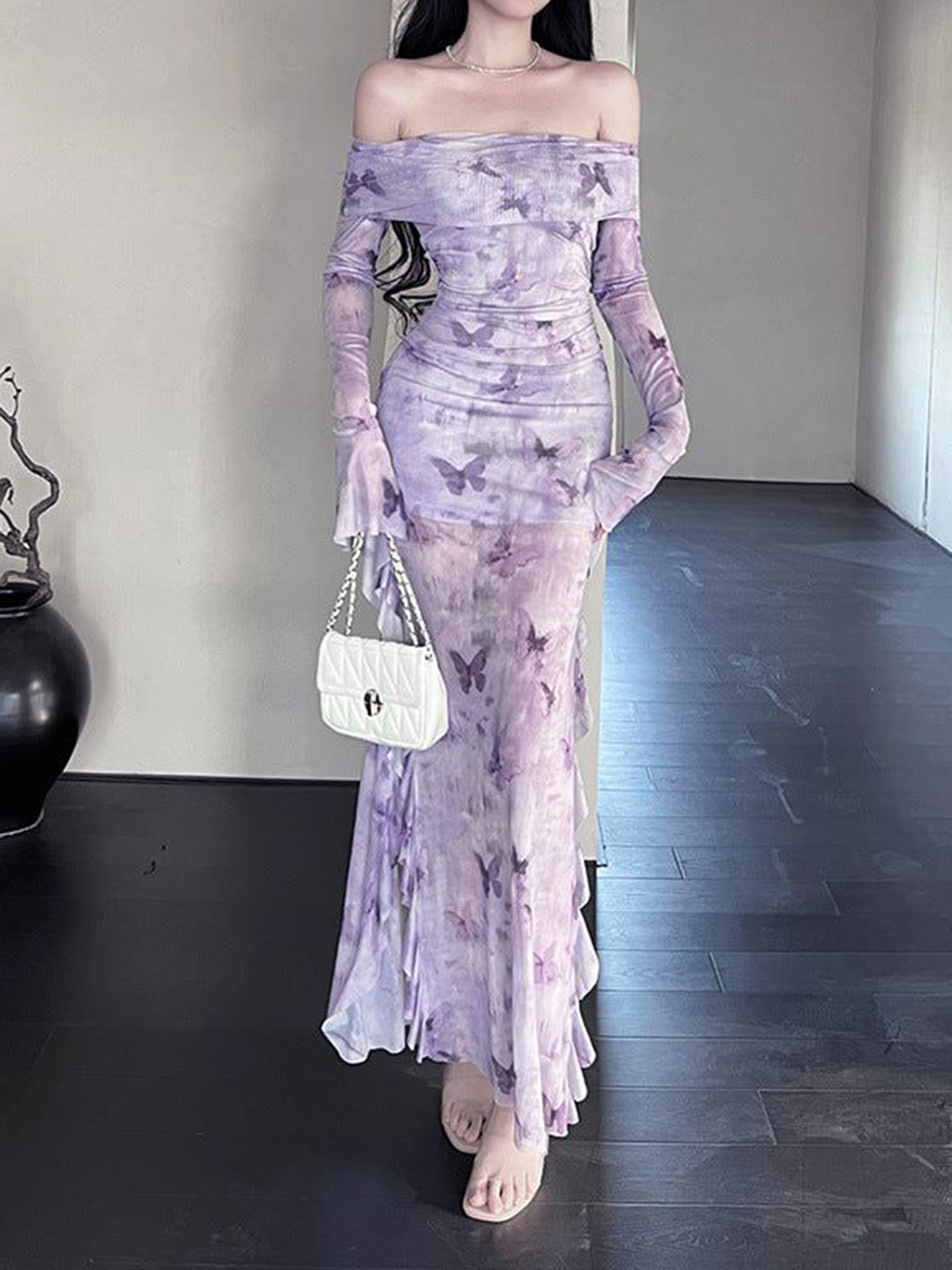 Outzidr Purple Off Shoulder Printed Maxi