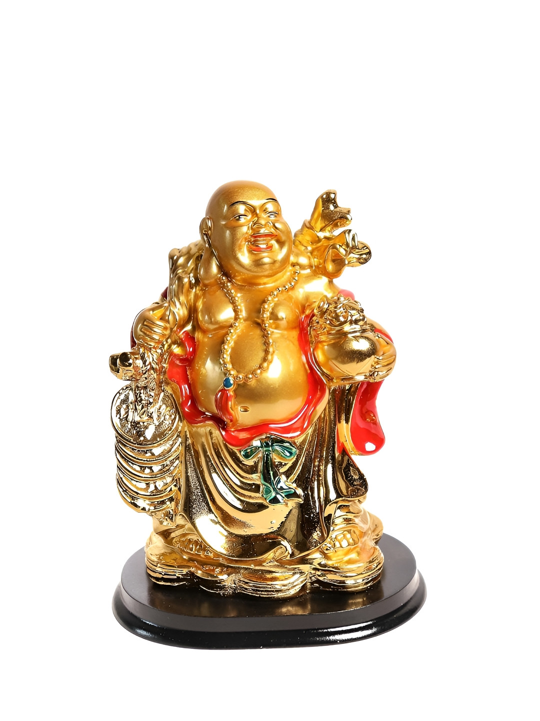 The Spiritual Living Laughing Buddha with Cion Chain Gold Polyresin Glossy Living Room Medium Showpiece - 5 Inches