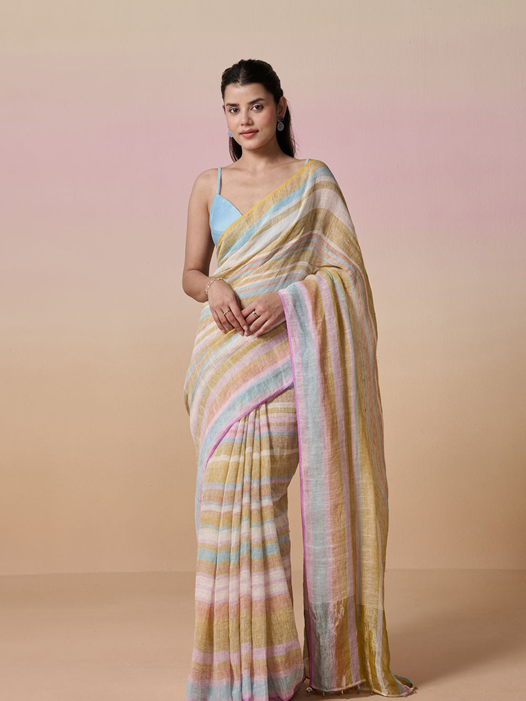 Dressfolk Handwoven Linen Saree with Unstitched Blouse Fabric