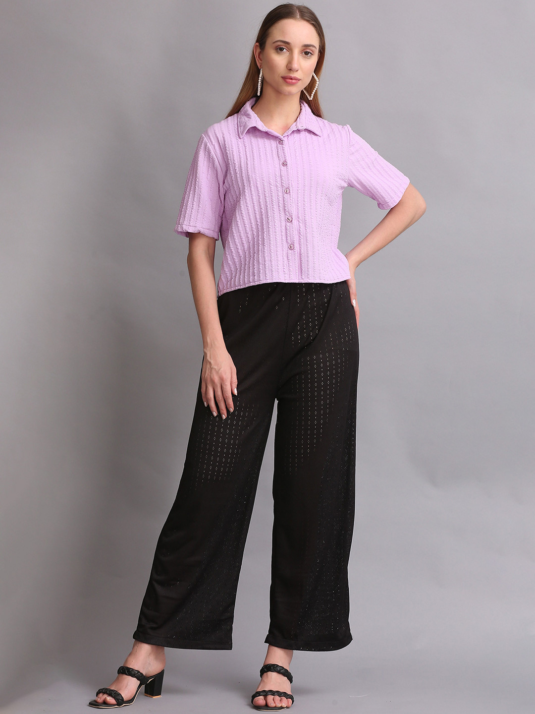 Thansmay Kleider Self Design Half Sleeves Crop-Shirt With Palazzos