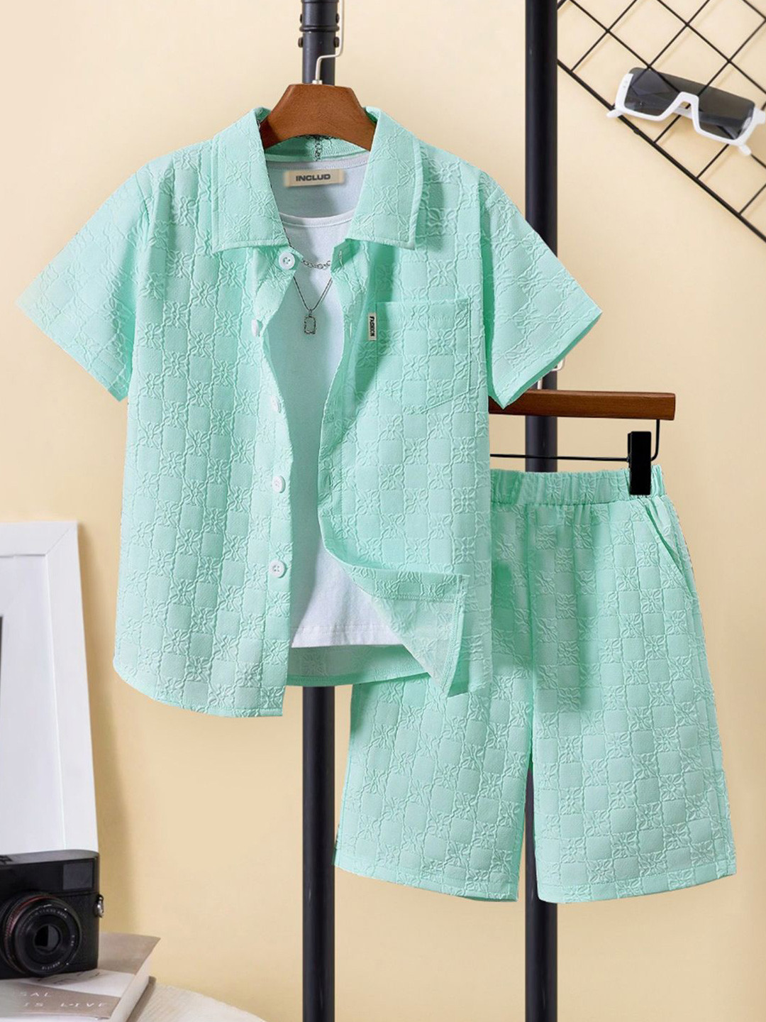 INCLUD Boys Self Design Short Sleeves Shirt With Shorts