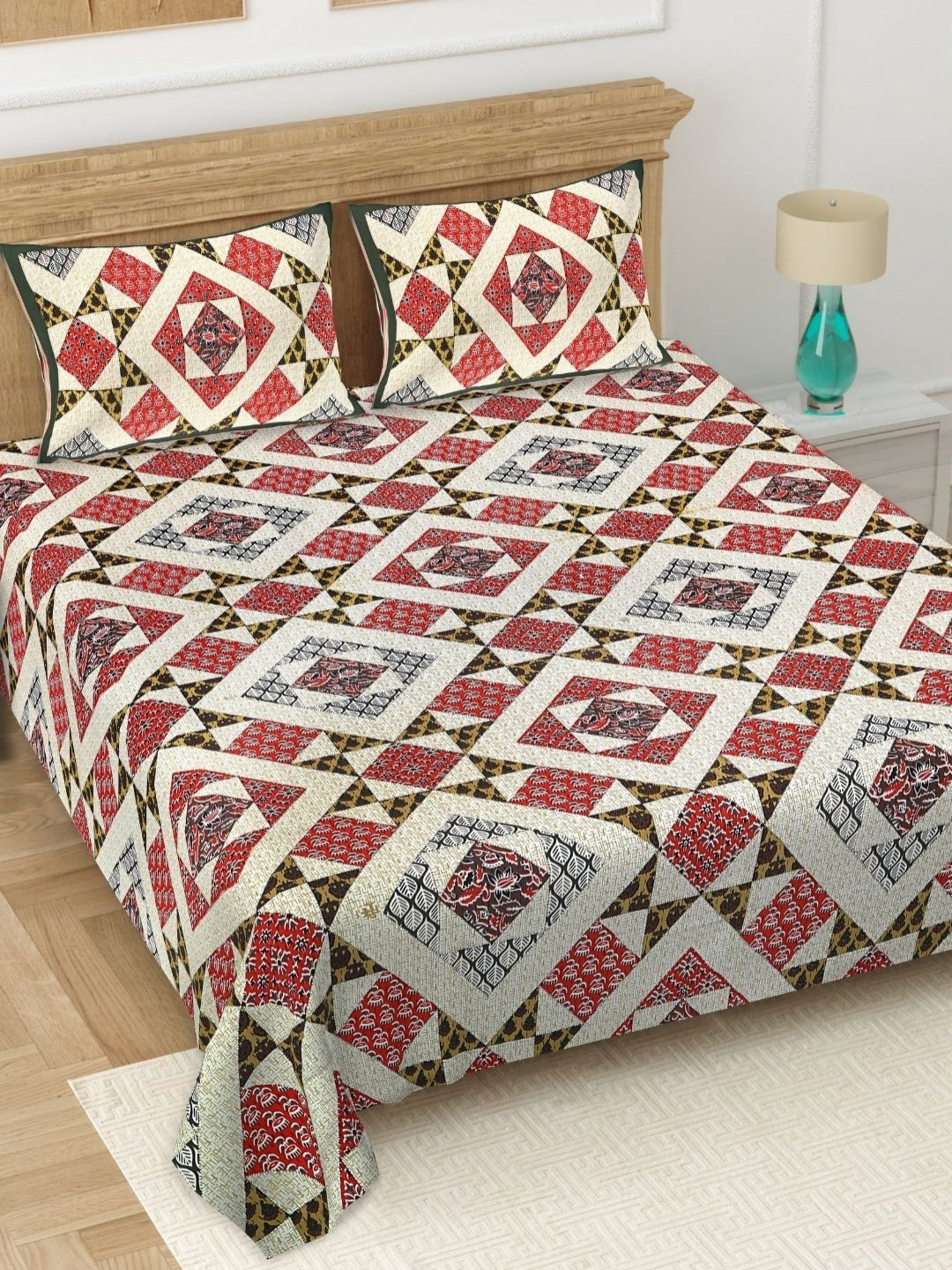 BED-SHEET.COM Barmeri Red Geometric Cotton 180 TC King Fine Bedsheet with 2 Pillow Covers-90 x 108 inches