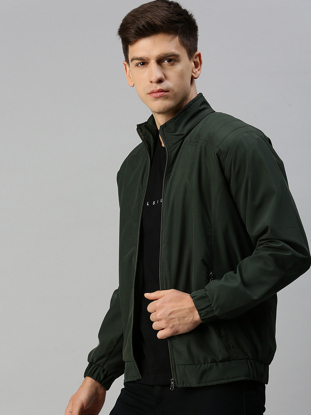 Kaali Peeli Men Stand Collar Solid Casual Windcheater Bomber Jacket