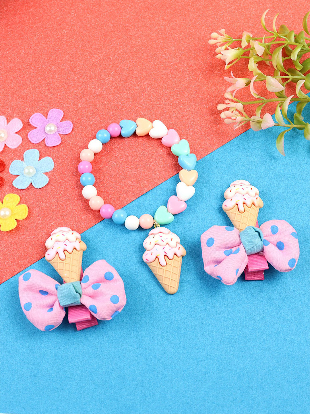 Asthetika Girls Set of 2  Hair Clips with Beaded Bracelet Combo