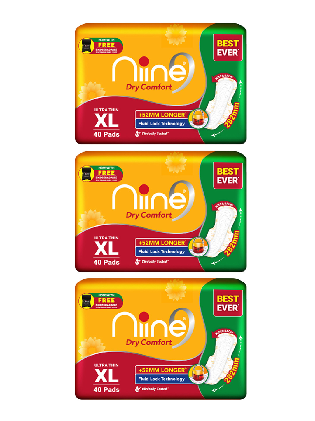 Niine Dry Comfort Set of 3 UltraThin XL Anti-Leak Pads With Disposable Bags 120 Pads