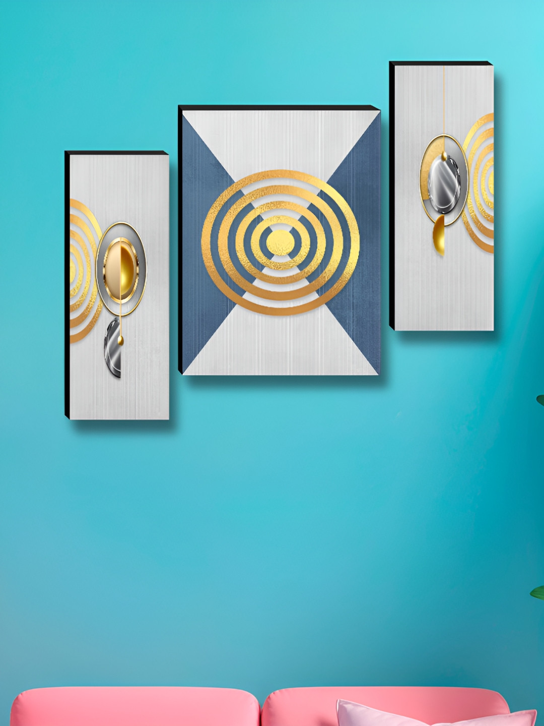 SAF Gold-Toned & Blue 3 Pieces Abstract Wood Wall Art