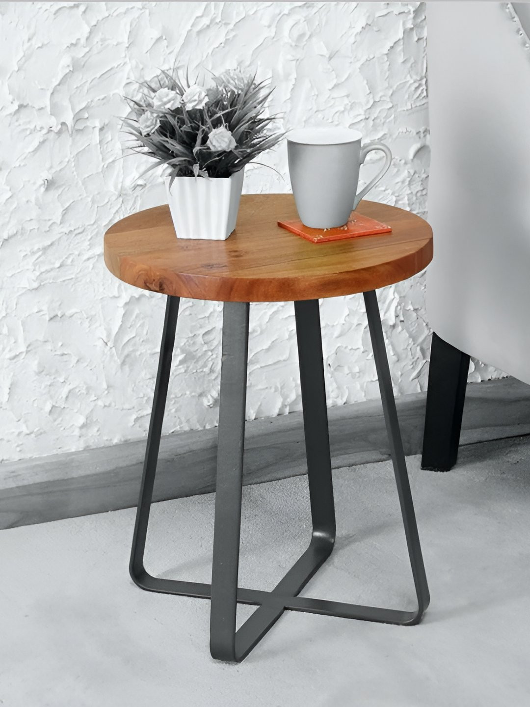 GLOBALLY INDIAN Brown & Grey Wooden Round BedsideTable